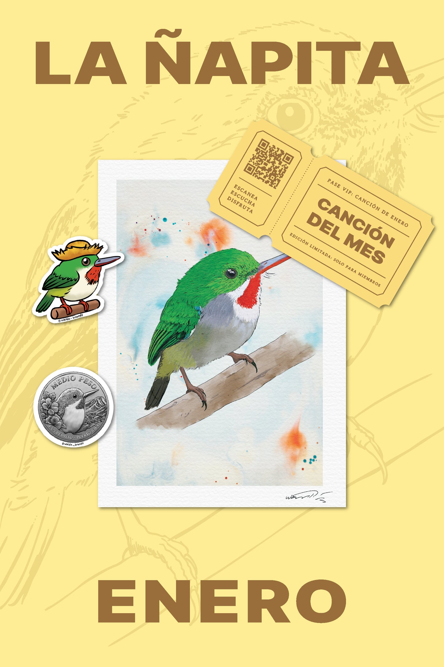 Product packaging called La Ñapita with a bird illustration, stickers, and a coin on a yellow background. From the Encanto Mail Club of Puerto Rico